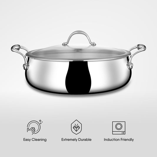 Stahl Artisan Triply Stainless Steel 24 cm Biryani Handi with Dual lid, Steel Lid for Dum & Glass Lid for Serving | 4L Biryani Pot, Gas & Induction Compatible | Non-Toxic, Less Oil, Stick Resistant