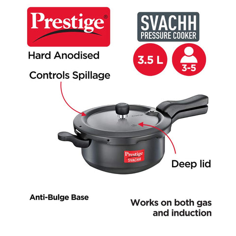 Prestige Svachh 3.5 Litre Outer Lid Pressure Cooker With Hard Anodized Body (Black), 3.5 Liter