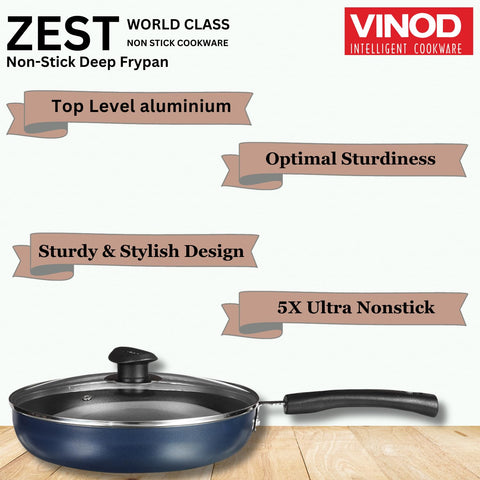 Vinod Zest Aluminium Non Stick Deep Frypan with Lid - 5.5 litre, 32cm | Skillet Pan for Frying | 3mm Thick | 3 Layer Coating | Scratch Proof | 1 Year Warranty - Gas Base