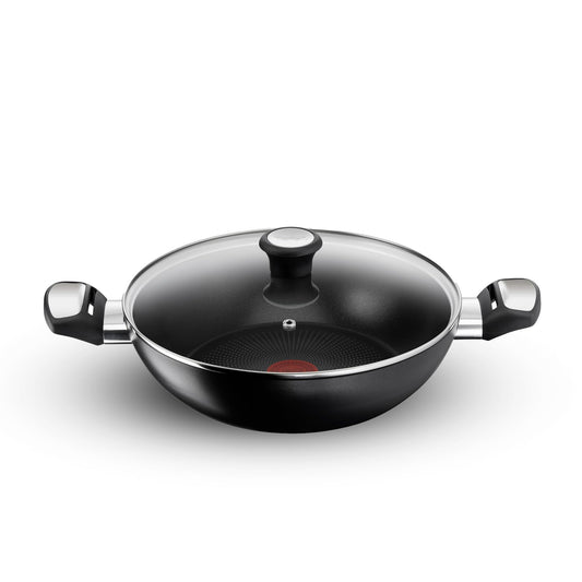 Tefal Cook & Savour Non-Stick Kadhai with Glass Lid, Induction Base, Titanium Coating, 24 cm, Suitable for All Hob Type, Black, 2 Years of Coverage