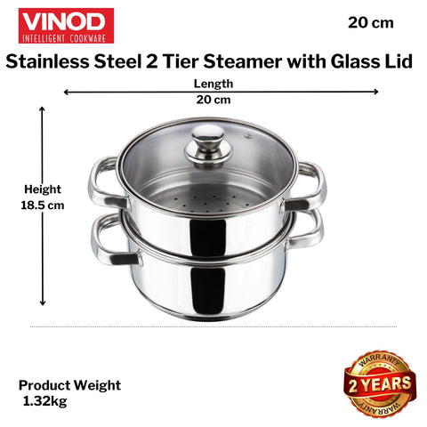 Vinod Stainless Steel 2-Tier Steamer with Glass Lid, 20 cm | Steamer for Momos, Modaks, Vegetables & More | Riveted Handles | Induction & Gas Base | 2 Yr Warranty