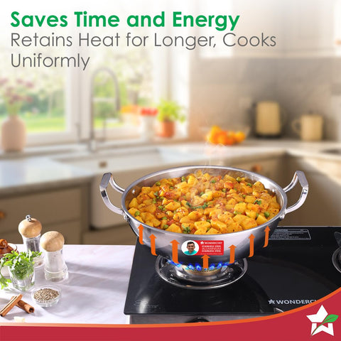 Wonderchef Stella Triply Stainless Steel Kadhai with Lid | 28 cm, 4.5 litres | Compatible with Gas Stove, Induction, Ceramic Cooktop | Non-Toxic | Heavy-Duty Handle | 10-Year Warranty