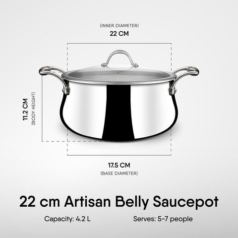 Stahl Triply Stainless Steel Sauce Pot with Lid | Stainless Steel Belly Casserole | Tri Ply Biryani Pot with Induction Base | Artisan 4182, Dia 22 cm, 4.3 L (Serves 5 People)