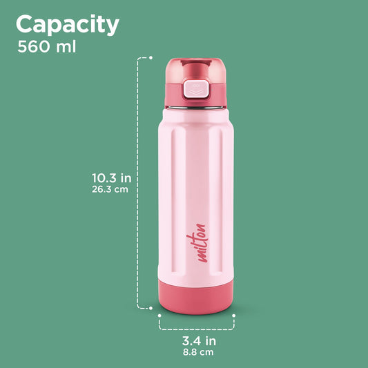 Milton Taurus 600 Steel Thermoware, Inner Stainless Steel, PU Insulated, Leak Proof Water Bottle for School Kids, Office, Gym, Easy to Carry Handle, 560 ml, Light Pink