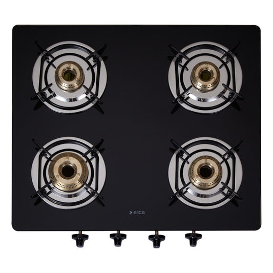 Elica Vetro Glass Top 4 Burner Gas Stove with Double Drip Tray (594 CT DT VETRO 1J), Black