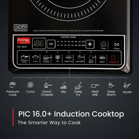 Prestige PIC 16.0 Plus 2000 Watts Induction Cooktop | 4KV Surge Protection | 8 Preset Indian Menu Option with Timer | Soft Touch Button | Easy to clean | Portable | Black |1Y Warranty | BIS