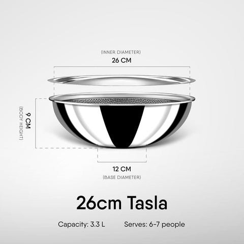 Stahl Artisan Hybrid Triply Non Stick Tasla with Lid, Stainless Steel Kadai Tasla for Cooking, Triply Metal Spatula Friendly, Induction & Gas Stove Compatible (26cm, 3.3L)