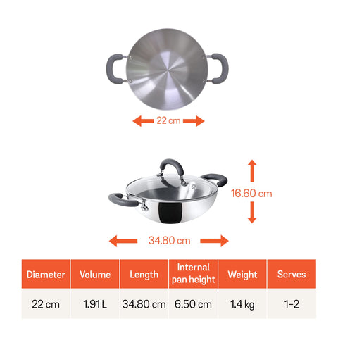 Meyer Trivantage Zero Nickel Release Stainless Steel Triply Kadai | Steel Kadhai with Lid | Stainless Steel Cookware with Induction Base | Small Kadhai for deep Fry, 22cm, Silver