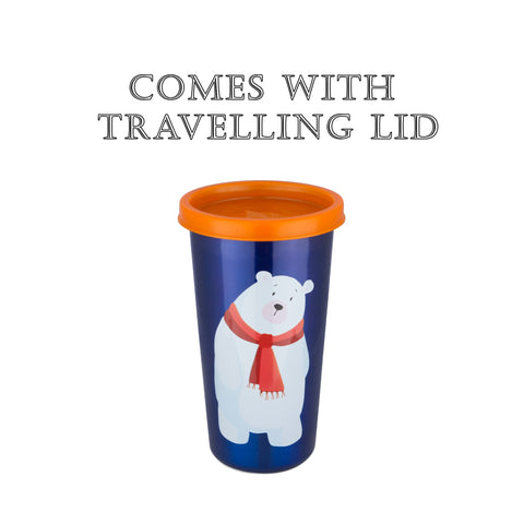 PDDFALCON Polar Bear Cartoon Print Steel Straw Glass, Blue with Orange Lid, 370ml