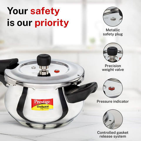 Prestige 3 Litre Stainless Steel Deluxe Alpha Svachh Outer Lid Pressure Cooker | Mini Handi | 10Y Warranty | Deep Lid for Spillage Control | TRIPLY Base | GRS |Gas & Induction Compatible | ISI