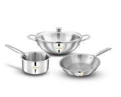 Greenchef Stainless Steel Tri ply Stainless Steel Crest Combo (Kadhai 22CM with Glass lid, FryPan 22CM, Saucepan 14CM) Exterior Surface, Induction Compatible, Scratch Resistant