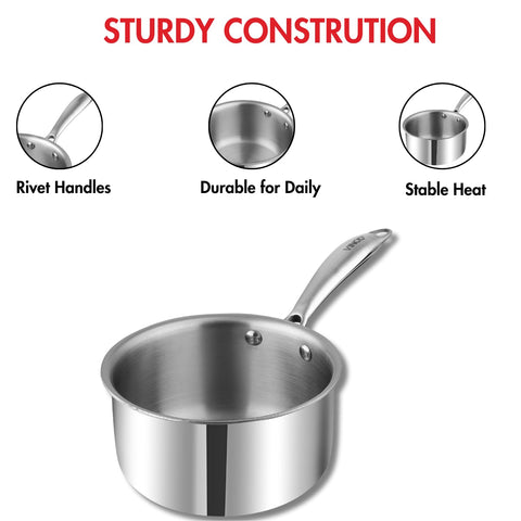Vinod Platinum Triply Stainless Steel Milkpan - 1.5 Litre, 16 cm | Easy Pour Spout | Tea/Milk/Chai Pan | Rivetted Sturdy Handle | Induction & Gas Base | 5 Year Warranty