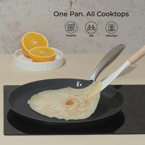 Vinod Ferona Lightweight Cast Iron Dosa Tawa - 27 cm | No Seasoning Required | Naturally Stick-Free | Steel Riveted Handle | Metal Spoon Safe | Gas, Induction Base | PTFE & PFOA Free | 2-Year Warranty
