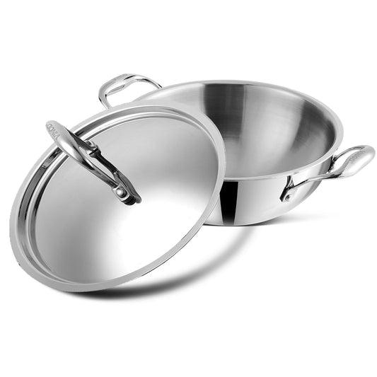 Vinod Platinum Triply Stainless Steel Extra Deep Kadai with Lid - 20 cm | Even Heating, Less Oil Healthy Cooking, Heavy Bottom Induction Cookware Kadhai for Cooking & Frying
