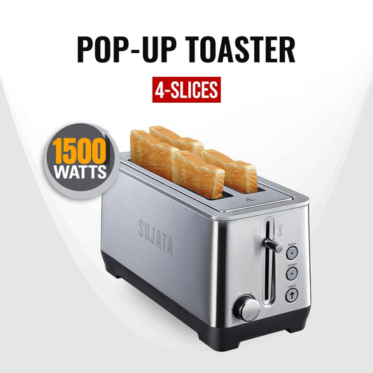 Sujata 1500 W Pop-up 4 Slice Stainless Steel PT12 Toaster | 7 Heating Modes | Cool Touch | Reheat and Defrost Function | High Lift Toast | Extra Wide Toast Slot