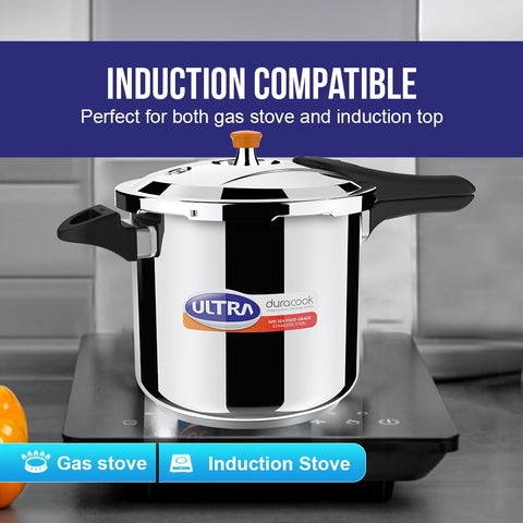 Ultra Duracook Pressure Cooker 8 Litre | AISI 304 Food Grade Stainless Steel Cooker | 10 Years Warranty | High Impact 3-Layer Composite Base | Injection Moulded Handles | Induction Compatible Base