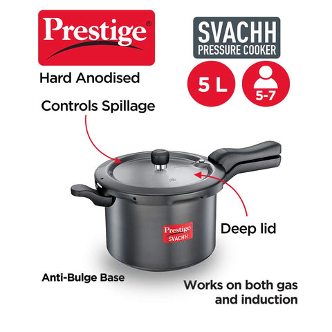 Prestige 5 Litre Hard Anodised Svachh Outerlid Pressure Cooker|Deep Lid for spillage Control|Gas & Induction compatible|Metallic Safety Plug|Gasket Release System|5 Years warranty|ISI Certified