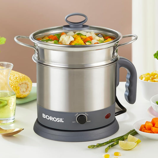 Borosil 1.3L Quick Made in India Electric Steel Kettle with Steamer | Temperature Control Knob, Overheat Protection | For Boiling & Steaming Vegetables, Momo, Egg, Tea, Coffee | 1 Year Warranty