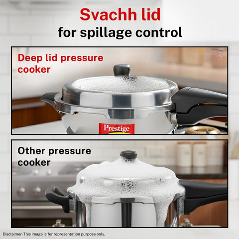 Prestige 4 Litre Stainless Steel Deluxe Alpha Svachh Outer Lid Senior Pressure Pan Cooker | 10Y Warranty| Deep Lid for Spillage Control | TRIPLY Base | GRS | Gas & Induction Compatible | ISI