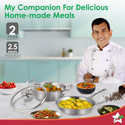 Wonderchef Stella Triply Stainless Steel Cookware Set | 3 Pcs. | Fry Pan 22 cm, Kadhai 22 cm + Lid | for Gas Stove, Induction, Ceramic Cooktop | Uniform Heating | Heavy-Duty Handle | 10-Year Warranty