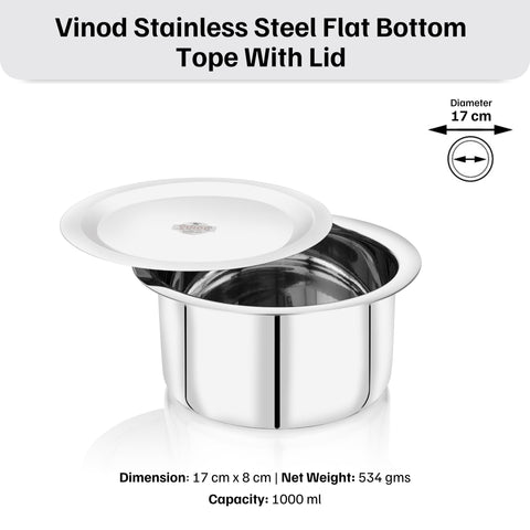 Vinod Brand Stainless Steel Flat Bottom Cooking Tope With Lid|Induction & Gas Compatible|Food-Grade Stainless Steel|17 Cm Dia|18G|1.5MM Thickness|Rust-Resistant & Long-Lasting