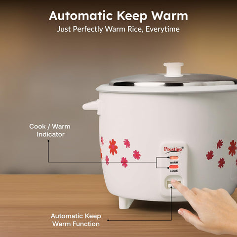 Prestige PRWO 1.8-2 Electric Rice Cooker| 2 Aluminium Cooking Pans | Stainless Steel Lid | Grey/White | Cool Touch Handles | Detachable Power Cord | 700- Watt|1.8 Litres