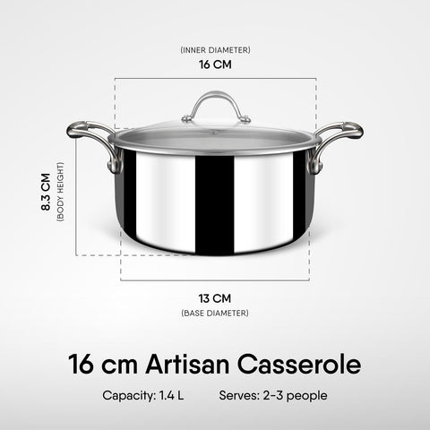 Stahl Artisan Triply Stainless Steel Sauce Pot/Casserole with lid, Induction Pot, Briyani Pot/Handi, 1.4 L,16 cm