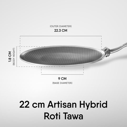Stahl Artisan Hybrid Roti Tawa 4 mm Thick | 22 cm Triply Stainless Steel Tawa with Honeycomb Structured Stick Resistant Layer | Scratch Resistant Roti Tawa Compatible with Induction & Gas Stove