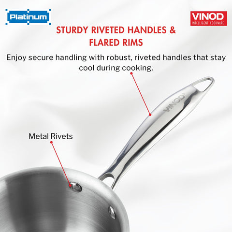 Vinod Platinum Triply Stainless Steel Saucepan with Stainless Steel Lid 1.6 Liters Capacity (16 cm Diameter) with Riveted Handle - Silver (Induction and Gas Stove Friendly)