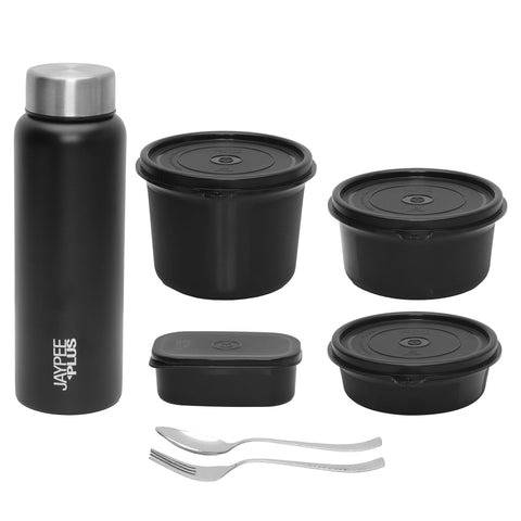 Jaypee Plus 1390 ml Stainless Steel Office Lunch Box | BPA Free, Microwave Safe & Spillproof Airtight 4 Containers | Includes Bottle, Spoon, Fork & Insulated Bag | Ideal for College & School (Grey)