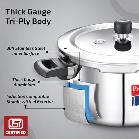 Prestige 5L+3L Triply Svachh Outer Lid Pressure Cooker Combi with 2 Lids|Gas & Induction Compatible|Deep lid for spillage control|Triply body for even heat distribution|5 Years Warranty|ISI Certified