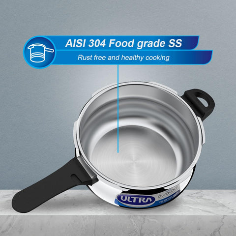 ULTRA Duracook Handi 8 Litre Stainless Steel Pressure Cooker,AISI 304 Food Grade SS, Froth Collector-Spillage Control,Induction Compatible,Imp Bonded Composite Base,ISI,10Y Warranty