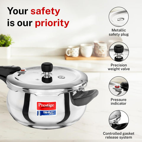 Prestige 5 Litre TRIPLY Svachh Outer Lid Pressure Cooker | Handi | Deep Lid for Spillage Control | Gas & Induction Compatible | Gasket Release System | Visual Pressure Indicator | 5Y Warranty | ISI