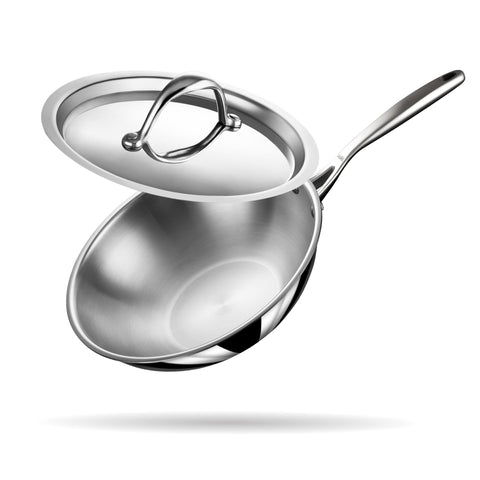 Stahl Triply Stainless Steel Wok with Lid I Tri Ply Deep Steel Kadai I Deep Fry Pan with Induction Base I Artisan 4722, Dia 22cm, 2 L (Serves 6 People)
