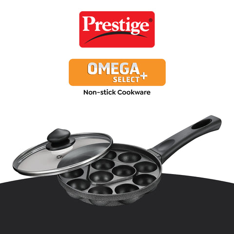 Prestige Omega Select Plus Non-Stick Paniyarakkal with lid (Appe Maker)|16 pits| 24cm|Residue Free Coating |Metal Spoon Friendly