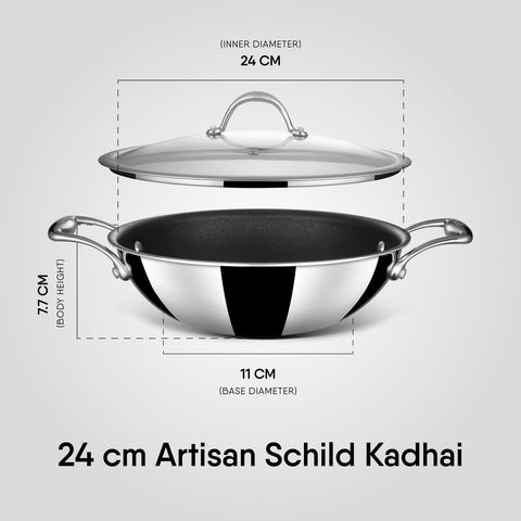 Stahl Artisan Schild | 24 cm Kadhai Triply Stainless Steel + PEEK-Reinforced Non-Stick Kadhai | Induction & Gas Compatible | with Glass Lid | 5-Year Warranty