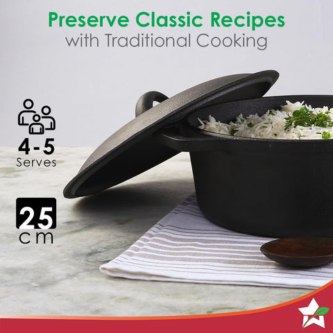 Wonderchef Forza 25 cm Cast-Iron Casserole with Lid | Pre-Seasoned Cookware | Induction Friendly | 4.7 L | 3.8 mm with Lifetime Exchange Warranty
