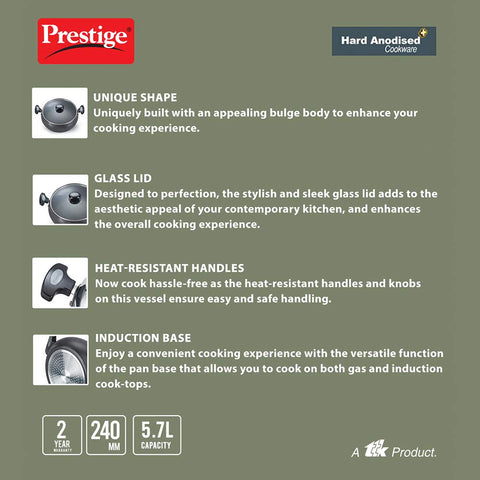 Prestige Hard Anodized Cookware Lifetime Induction Base Sauce Pan, 24Cm, Black, Aluminium Non-Stick, 5.7 Litre