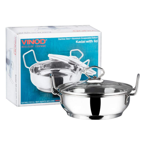 Vinod Stainless Steel Kadhai with Glass Lid 20 cm | Extra Thick SAS Heavy Bottom Cookware | Induction & Gas Stove Compatible