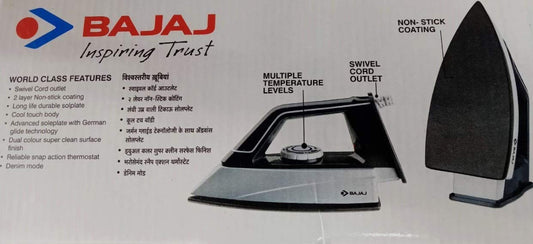 Bajaj DX14 Lightweight Dry Iron | 2 Layer Non-Stick Coating | Cool Touch Body | Advanced Soleplate With German Glide Technology | 2 Yr Warranty 【Black/White】