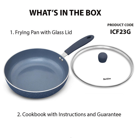 Hawkins Ceramic Nonstick Frying Pan, 24 cm Diameter, Induction Fry Pan with Glass Lid, Granite Omlette Egg Pan, Fish Pan, Blue (ICF24G)