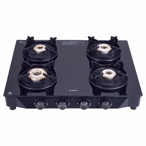 Elica Crest 4 Burner Gas Stove with Crown Design Pan Support and Forged Brass Burners (CREST 460 J NERO), Black