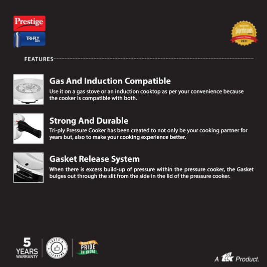 Prestige 2 Litre Triply Svachh Outerlid Pressure Cooker|Deep lid for spillage control|Gas & Induction Compatible|Triply body for even heating|Gasket Release System|5 Years warranty|ISI certified