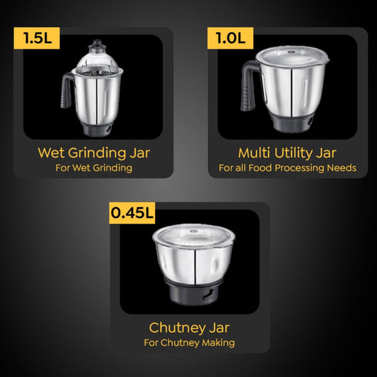 Prestige Endura 1000W Mixer Grinder with Ball Bearing Technology|Stainless Steel 3 Jars with Flow breakers|Overload protection|Black & Silver