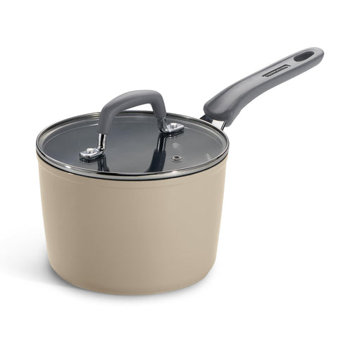 Tramontina Velo 16cm/1.9L Forged with Ceramic Reinforced Interior Sauce Pan with GlassLid | Milk Boiling Pot/Pan |Tea Pan/Pot | Gas/Induction | Silicone Grip Handles | Cook & Serve | Sand Beige