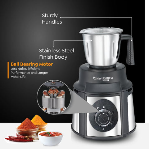 Prestige Endura 1000W Mixer Grinder with Ball Bearing Technology|Stainless Steel 3 Jars with Flow breakers|Overload protection|Black & Silver