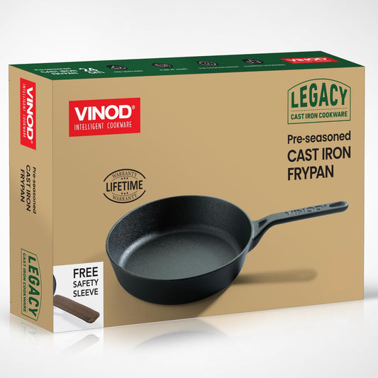 Vinod Legacy Pre Seasoned Cast Iron Grill Pan - 24 cm | Naturally Non Stick Loha Barbeque/Tandoor Grill Pan | 100% Pure | Easy Pour Spout | Toxin Free | Safety Sleeve