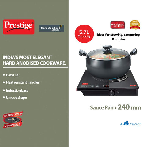 Prestige Hard Anodized Cookware Lifetime Induction Base Sauce Pan, 24Cm, Black, Aluminium Non-Stick, 5.7 Litre