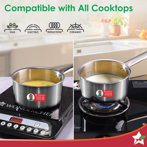 Wonderchef Stella Triply Stainless Steel Milk Pan | 16 cm, 1.7 litres | Compatible with Gas Stove, Induction, Ceramic Cooktop | Non-Toxic | Uniform Heating | Heavy-Duty Handle | 10-Year Warranty