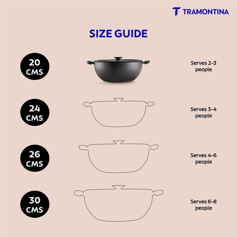 TRAMONTINA TITANEX 20cm/2.3L Pre-Seasoned Heritage Cast Iron Deep Kadai with Toughened Glass Lid | Snap-On Silicone Grips | Kadhai for Curry | Gas/Induction Cookware | Life-Time Warranty